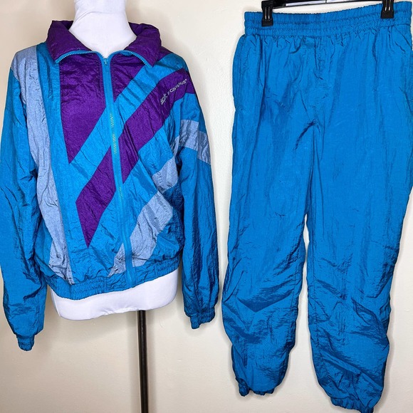 Vintage Pants - Vintage 90s Esprit by Campus Track Suit LARGE Blue Purple Athletic Colorblock